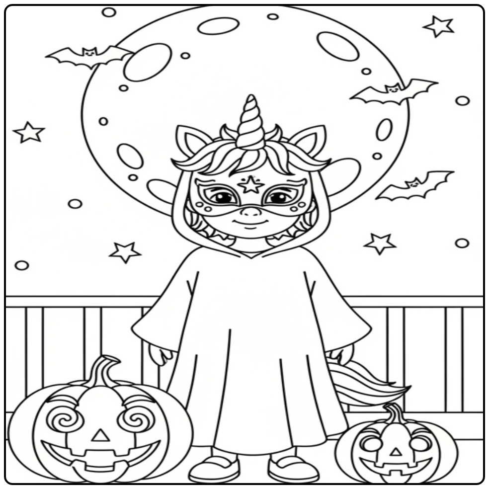 Eenhoorn masker kleurplaat met maan en vleermuizen Halloween