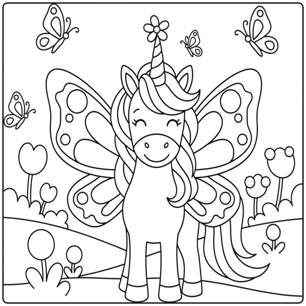 Kleur vlinders kleurplaat unicorn vlinder in de tuin