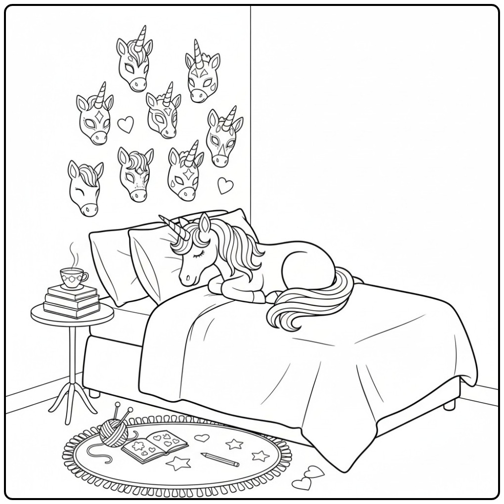 Slapende eenhoorn met unicorn masker kleurplaat aan de muur.