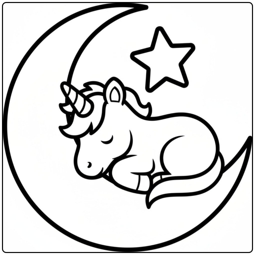 Slapende eenhoorn kleurplaat op de maan, unicorn kleurplaat