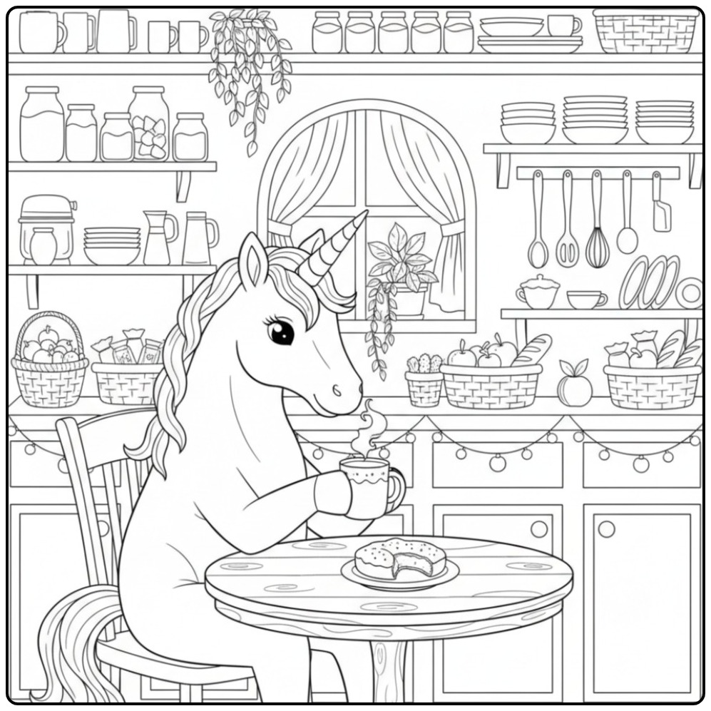 Eenhoorn geniet van koffie: unicorn kleurplaat voor creatievelingen!