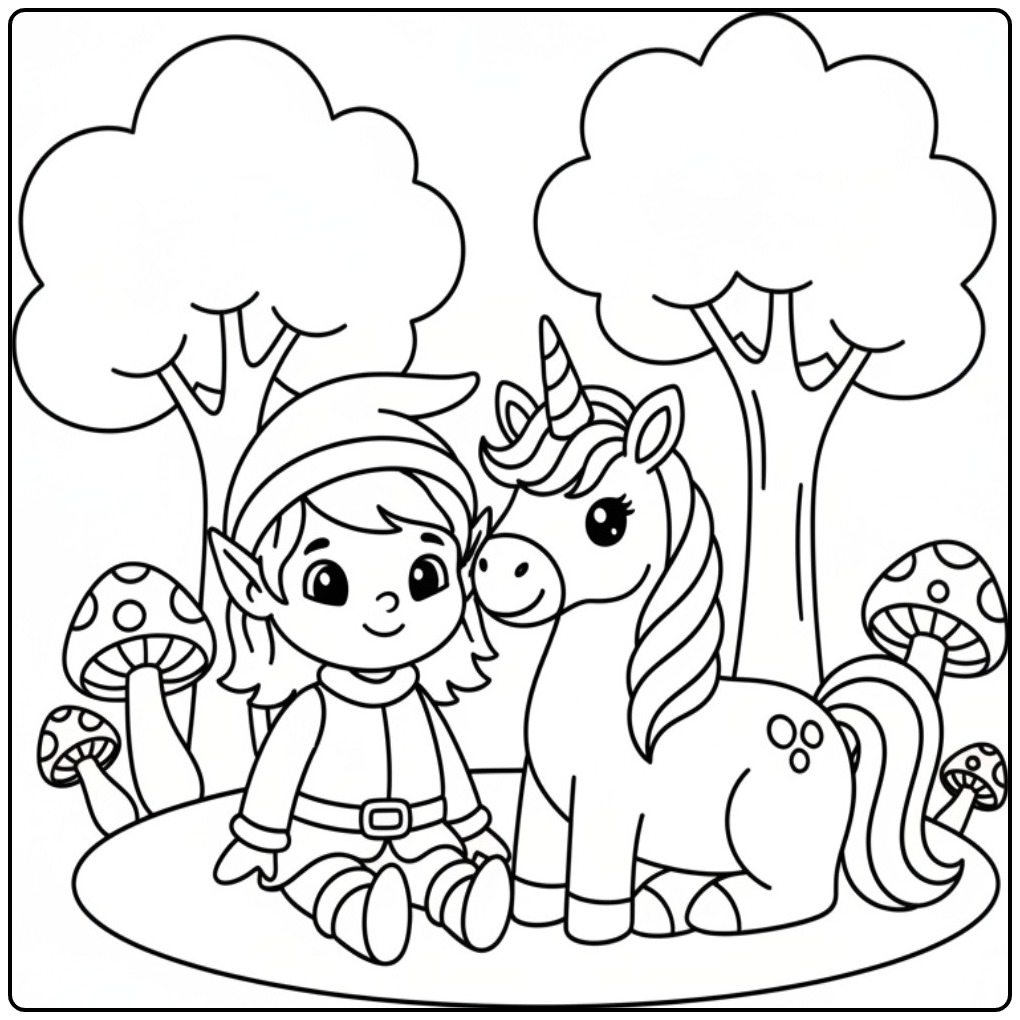 Kleurplaat elfje en eenhoorn in het bos met paddenstoelen