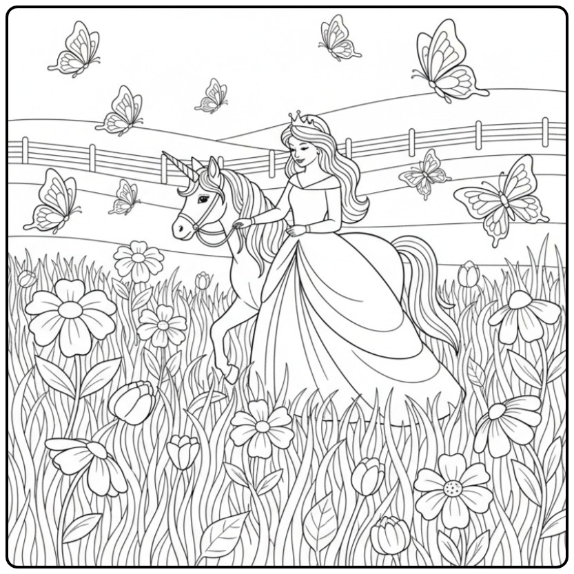 Kleurplaat prinses eenhoorn in een magisch landschap voor creatievelingen!