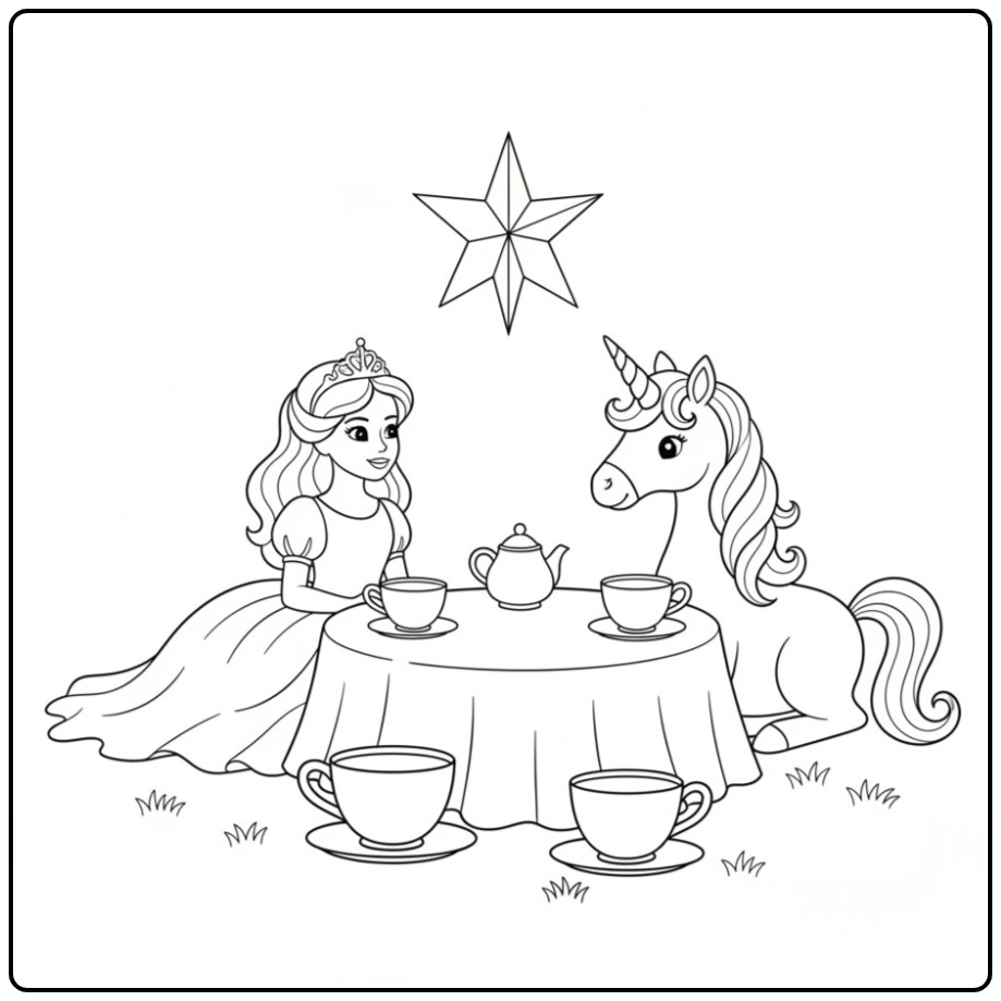 Kleurplaat prinses eenhoorn bij een theekransje onder de sterren.