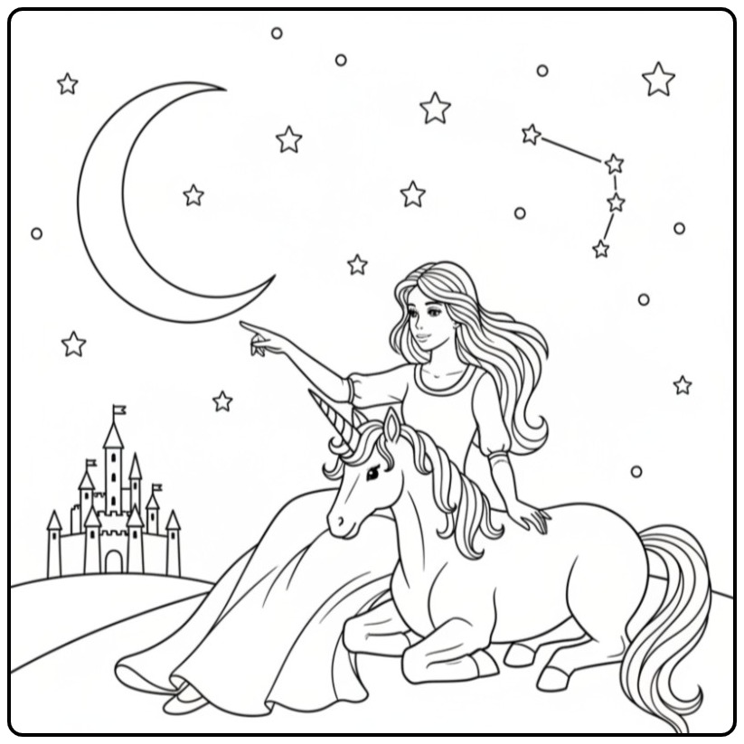 Kleurplaat prinses eenhoorn: meisje en magisch paard onder sterren
