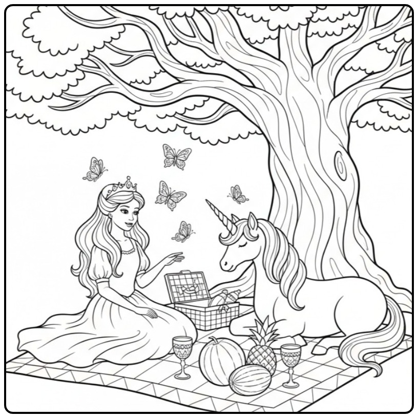 Kleurplaat prinses eenhoorn, een magische picknick onder de boom.