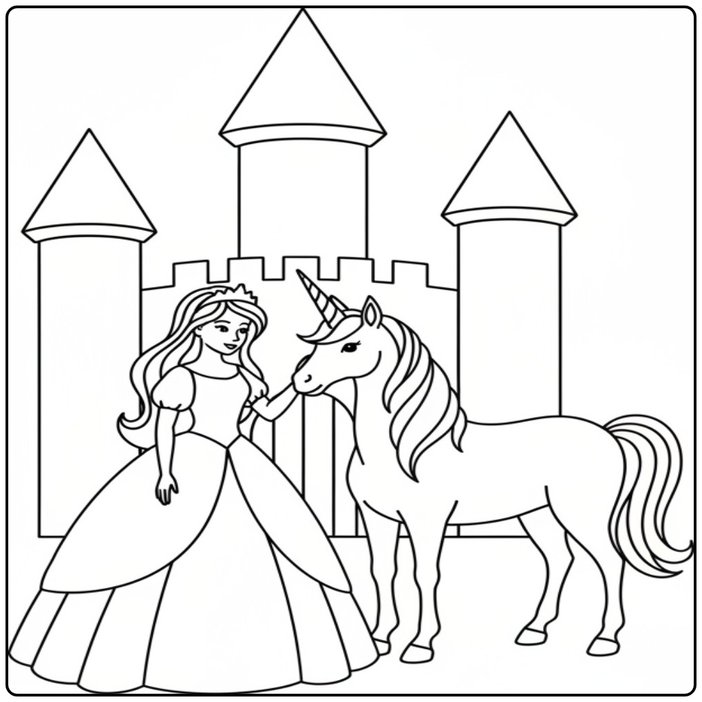 Kleurplaat prinses eenhoorn bij kasteel, magische momenten!