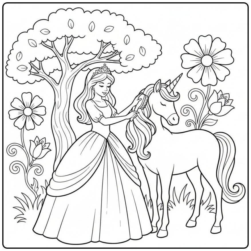 Kleurplaat prinses eenhoorn met toverkroon en bloemenpracht.