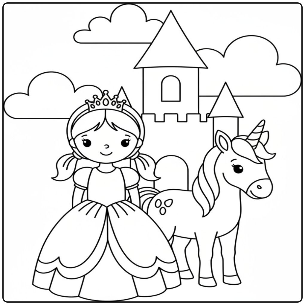 Kleurplaat prinses eenhoorn met kasteel en wolken.