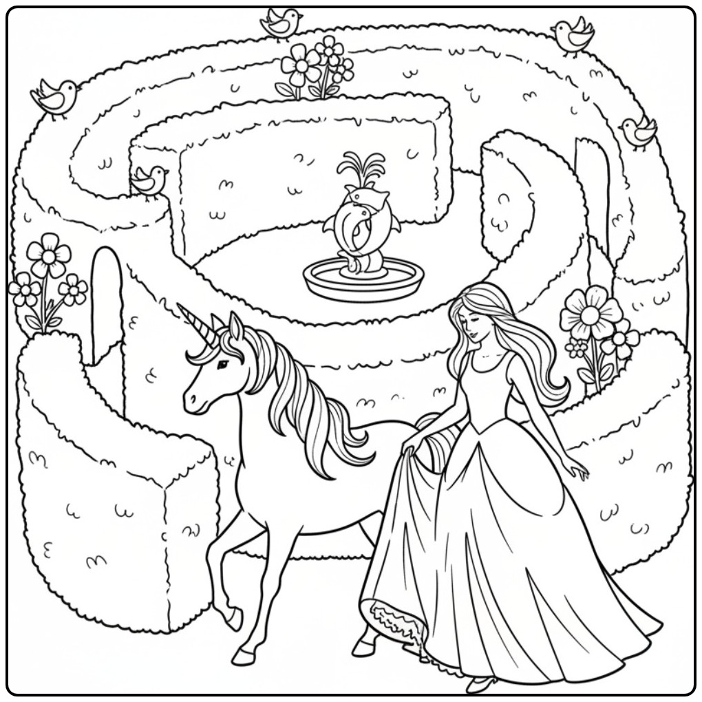 Kleurplaat prinses eenhoorn in doolhof, avontuur wacht!