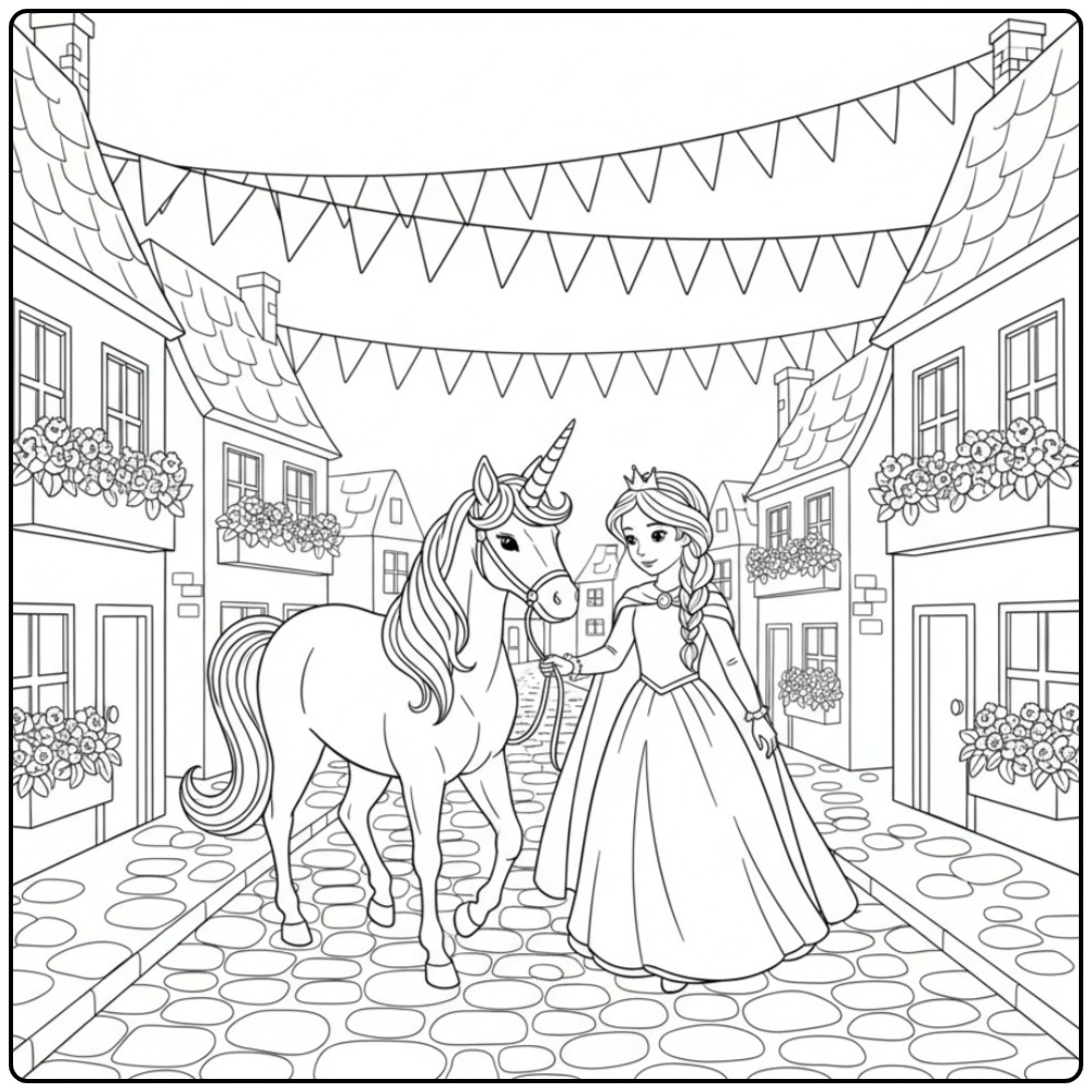Kleurplaat prinses eenhoorn. Mooie prent van sprookjesachtige taferelen.