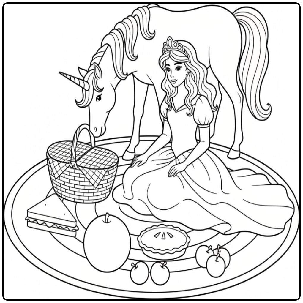 Kleurplaat prinses eenhoorn avontuur met picknickmand en taart