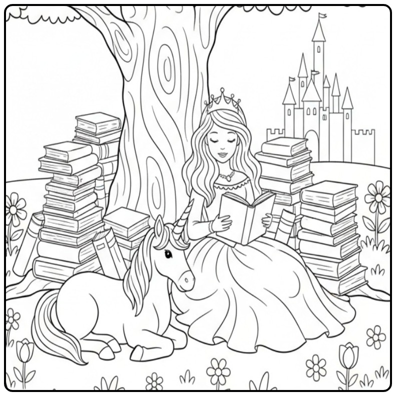 Kleurplaat van een prinses met eenhoorn lezend onder een boom.