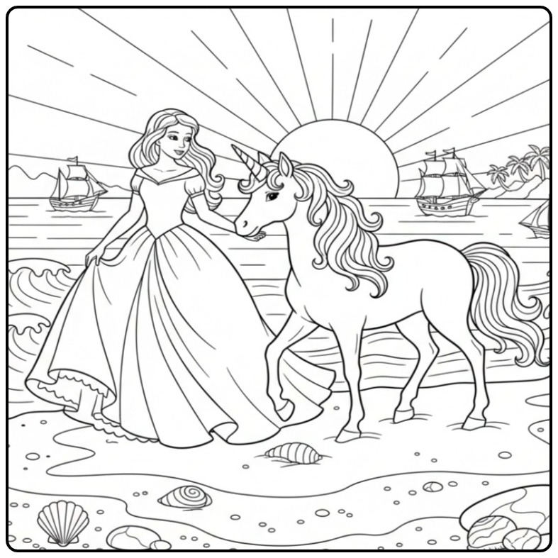Kleurplaat prinses eenhoorn op strand, zon en schepen. Mooi!