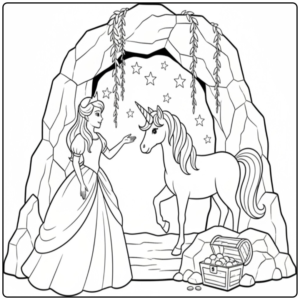 Kleurplaat prinses eenhoorn in de grot met schatkist en sterren.