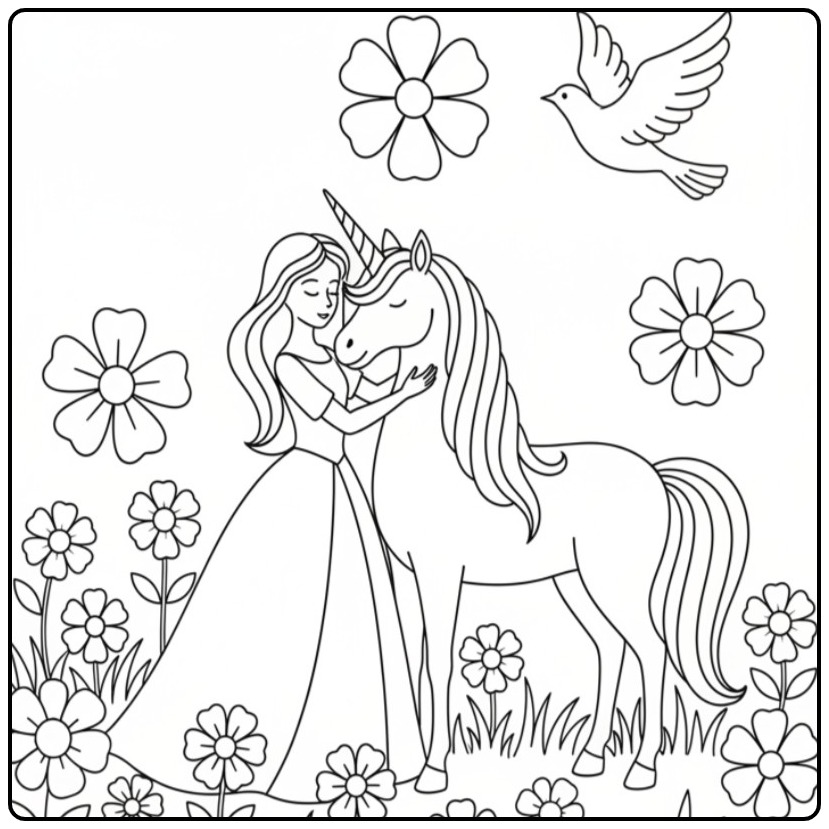 Kleurplaat prinses eenhoorn in de bloementuin, magisch tafereel