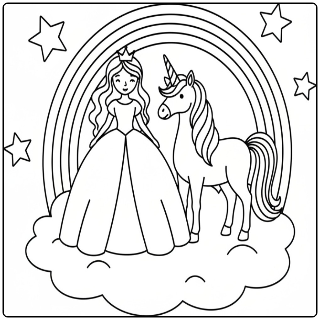 Kleurplaat prinses eenhoorn op wolk. Klaar om in te kleuren!