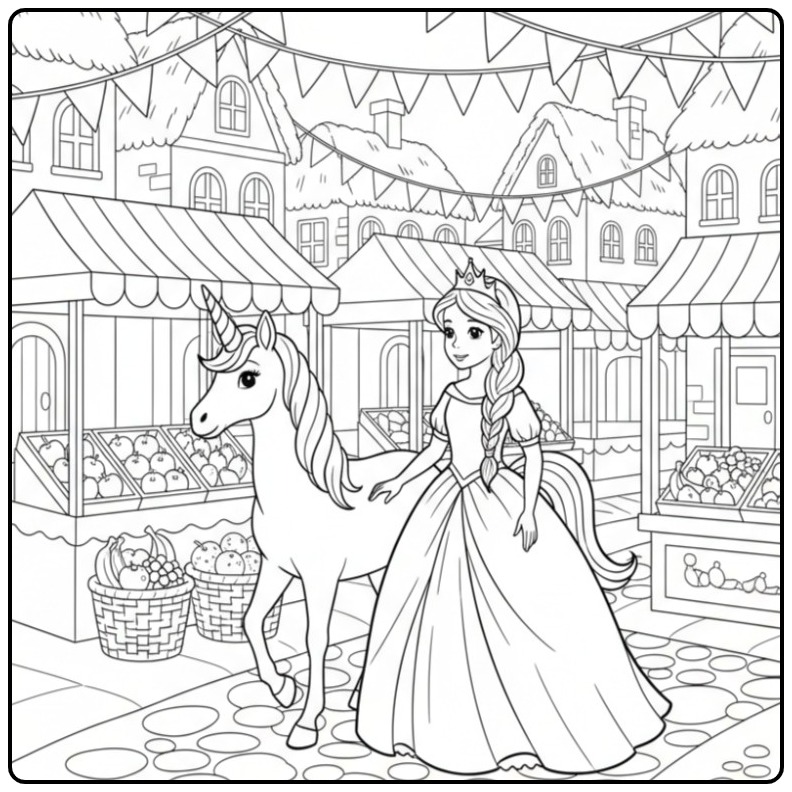 Kleurplaat van een lieflijke prinses met eenhoorn, perfect om in te kleuren.