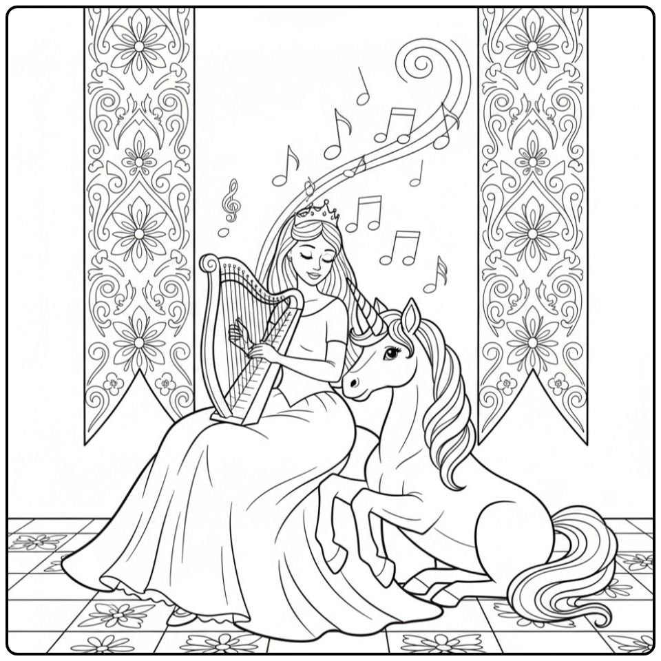 Kleurplaat prinses eenhoorn: Sprookjes afbeelding om in te kleuren!