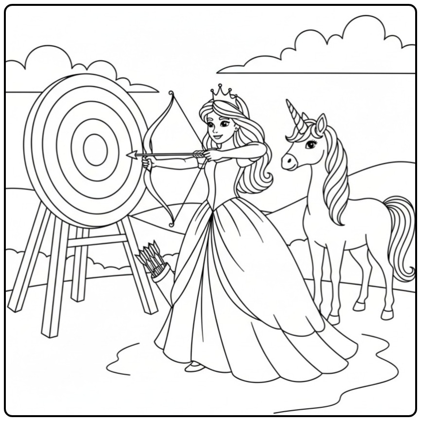 Kleurplaat prinses eenhoorn, pijl en boog, droomwereld.