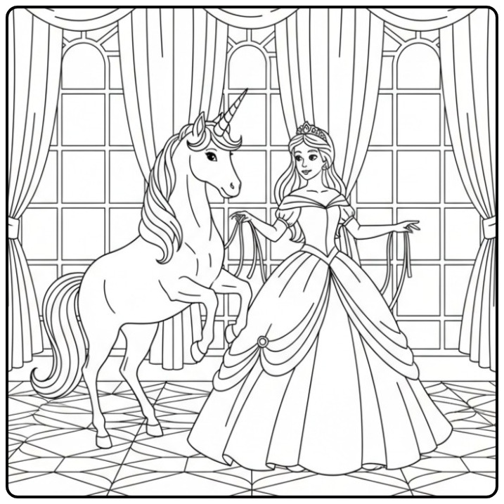 Kleurplaat prinses eenhoorn: Magische vrienden kleuravontuur!