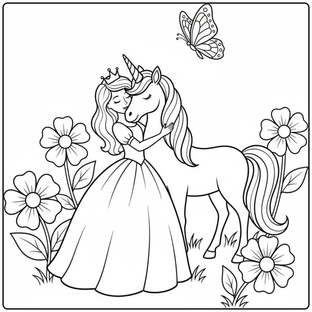 Kleurplaat prinses eenhoorn, meisje omhelst magisch dier