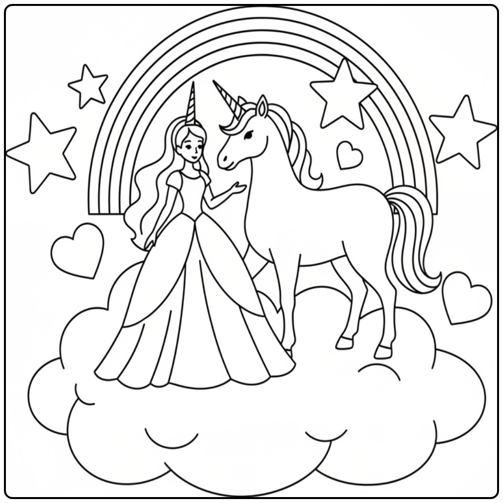 Kleurplaat prinses eenhoorn: een magische wereld op een wolk!
