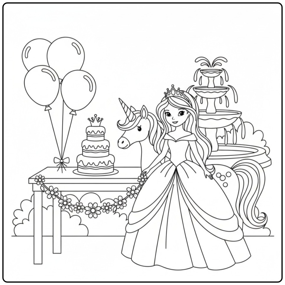 Kleurplaat prinses eenhoorn met taart en ballonnen feestelijk!
