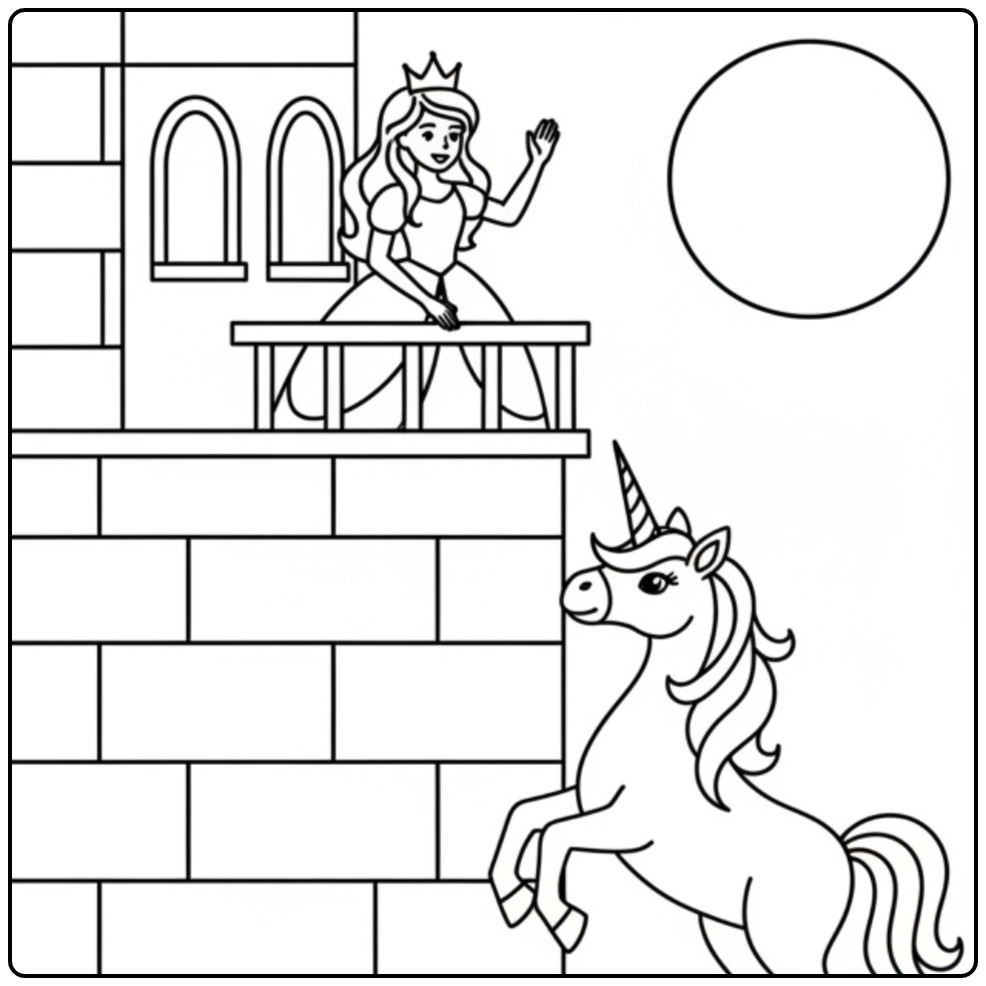 Kleurplaat prinses eenhoorn bij kasteel in de maneschijn.