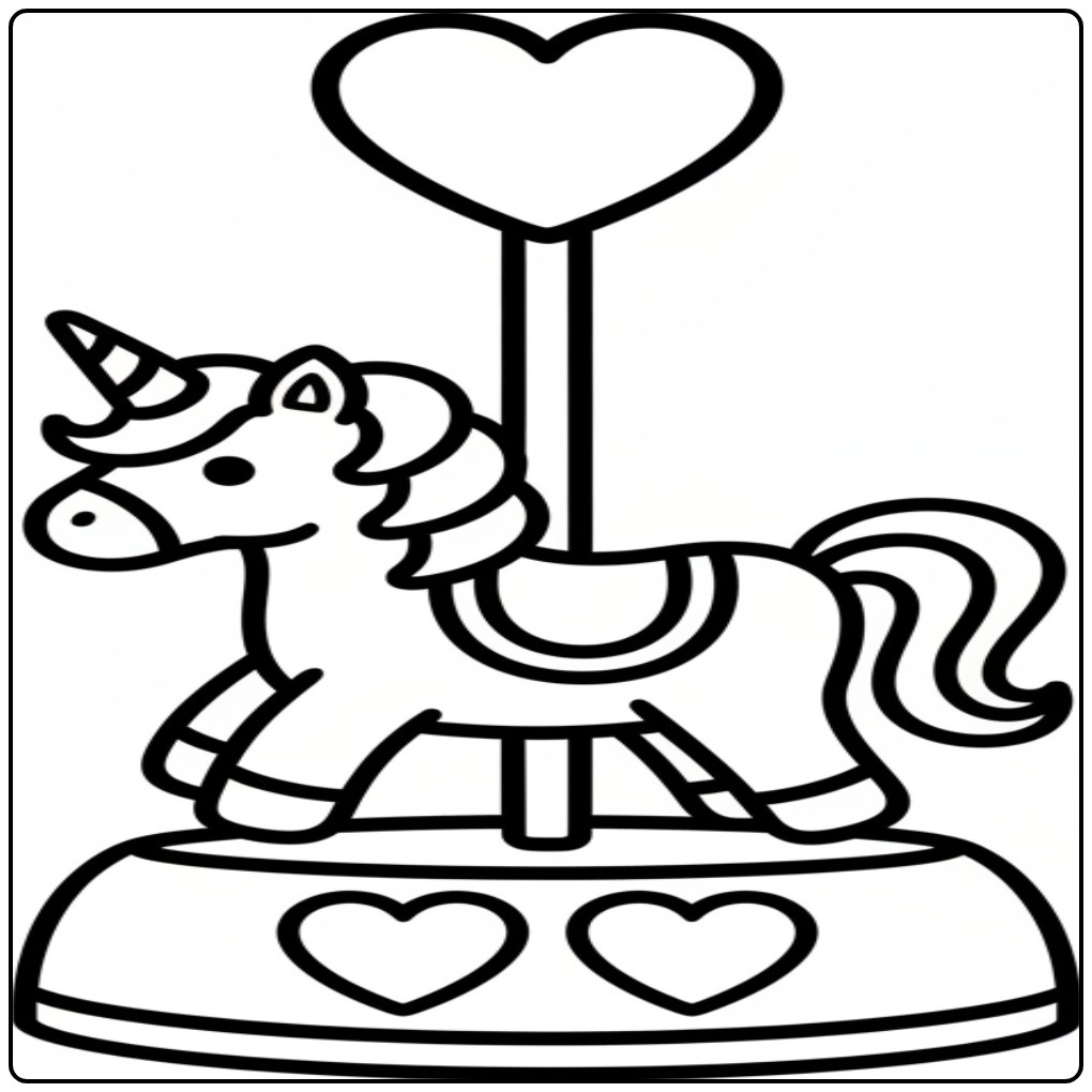 Kleurplaat unicorn hartjes, eenhoorn op carrousel voor kleurplezier