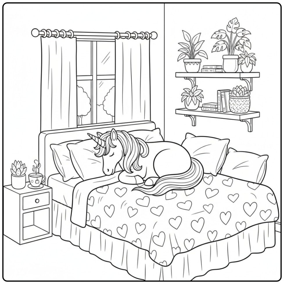 Kleurplaat unicorn hartjes slapend op een bed vol liefde.