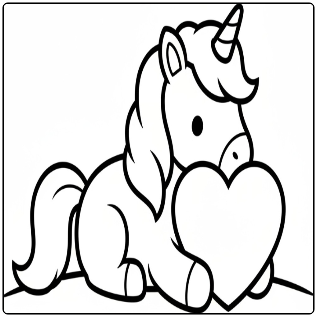 Kleurplaat unicorn hartjes: Schattige eenhoorn met een hart.
