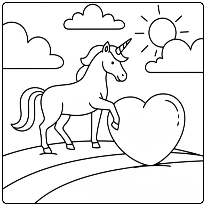 Kleurplaat unicorn hartjes met eenhoorn op regenboog, schattig!