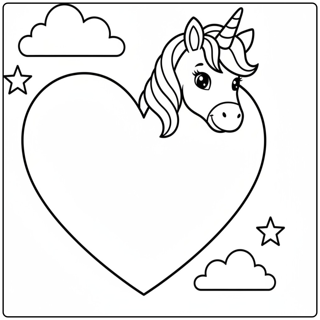 Kleurplaat unicorn hartjes: Schattige eenhoorn met hartvormige ruimte.