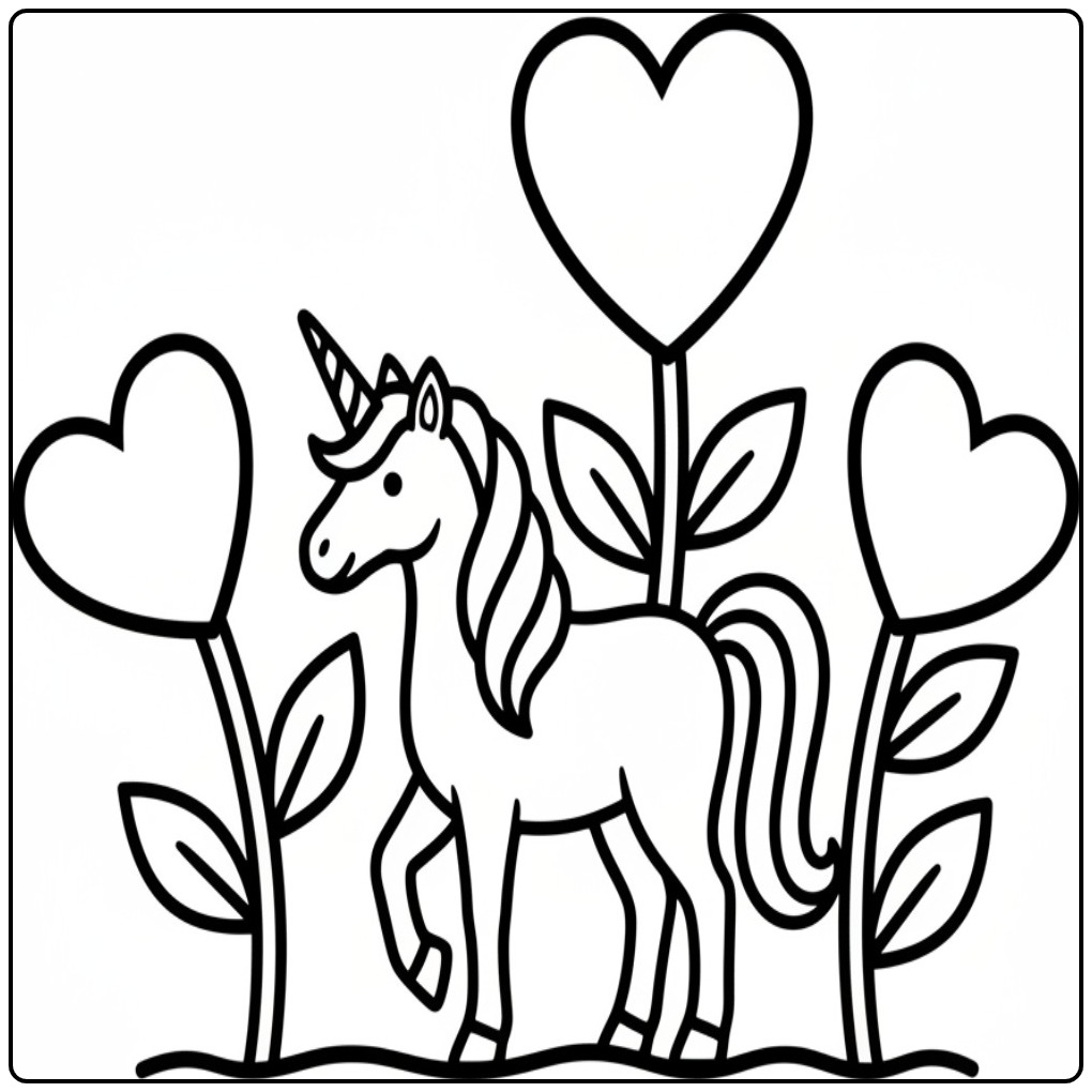 Kleurplaat unicorn hartjes, magische eenhoorn met liefdevolle harten.