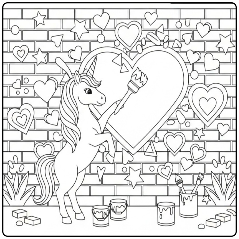 Kleurplaat unicorn hartjes schildert liefde op de muur!
