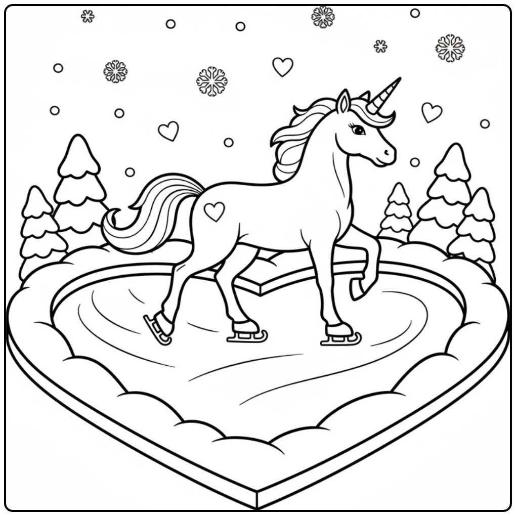 Kleurplaat unicorn hartjes. Eenhoorn op ijsbaan. Winter pret!