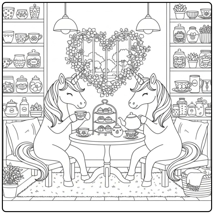 Kleurplaat unicorn hartjes, eenhoorns drinken thee.