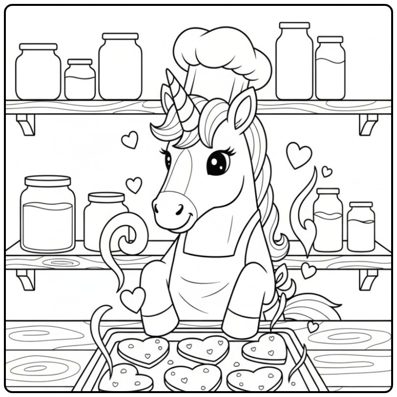 Kleurplaat unicorn hartjes bakt lekkere koekjes in de keuken!