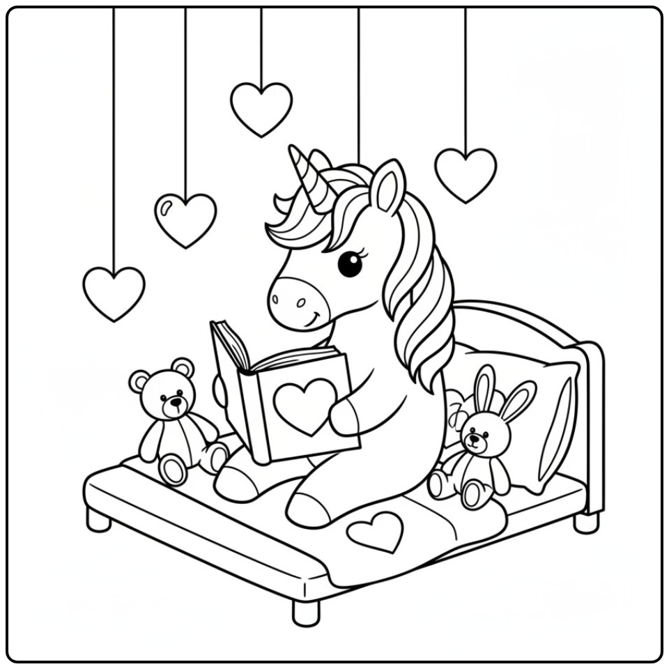 Eenhoorn kleurplaat hartjes met teddybeer en boek. Kleur hem in!