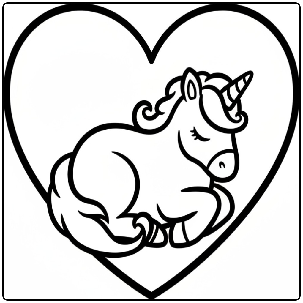 Kleurplaat unicorn hartjes. Schattige eenhoorn in een hart om te kleuren.