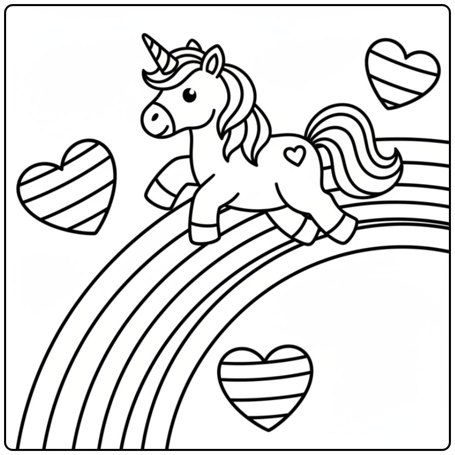 Kleurplaat unicorn hartjes regenboog, kleur hem mooi in!