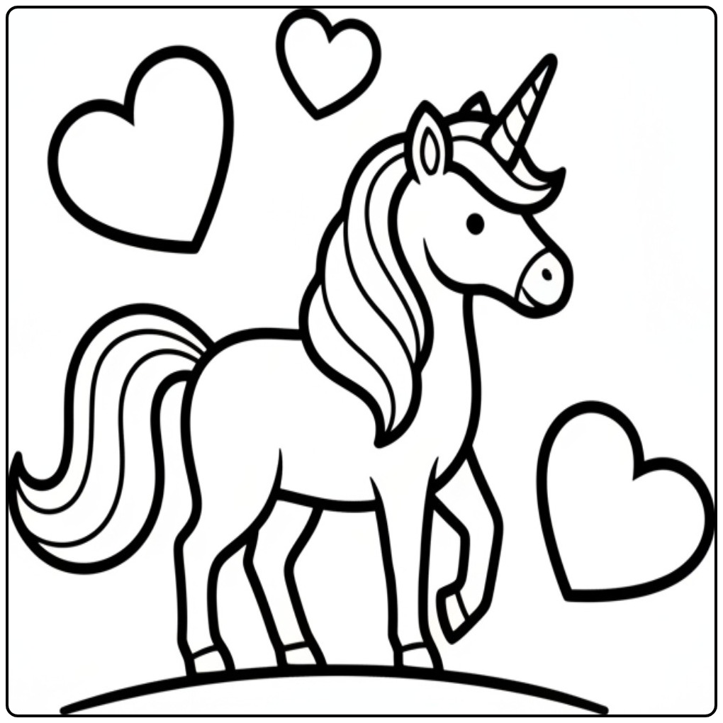 Kleurplaat unicorn hartjes, een magisch paardje om in te kleuren.