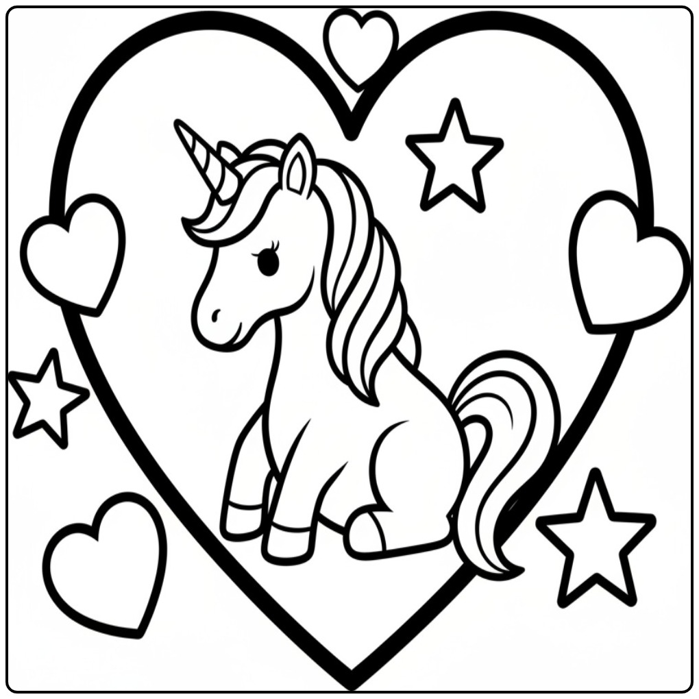 Kleurplaat unicorn hartjes, schattige eenhoorn in hart