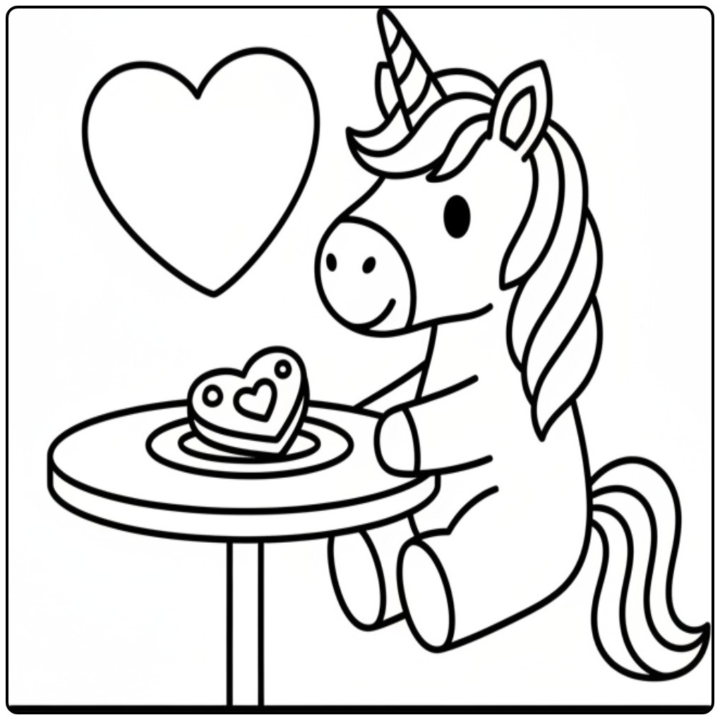 Kleurplaat unicorn hartjes bij taart, leuk en creatief!