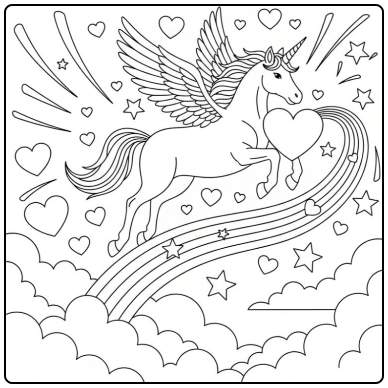 Kleurplaat unicorn hartjes op regenboog met sterren en wolken.