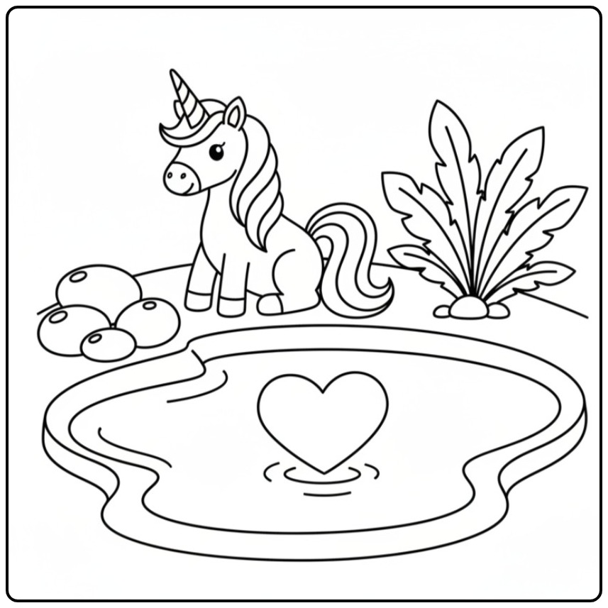 Kleurplaat unicorn hartjes bij de vijver met hartje erin.