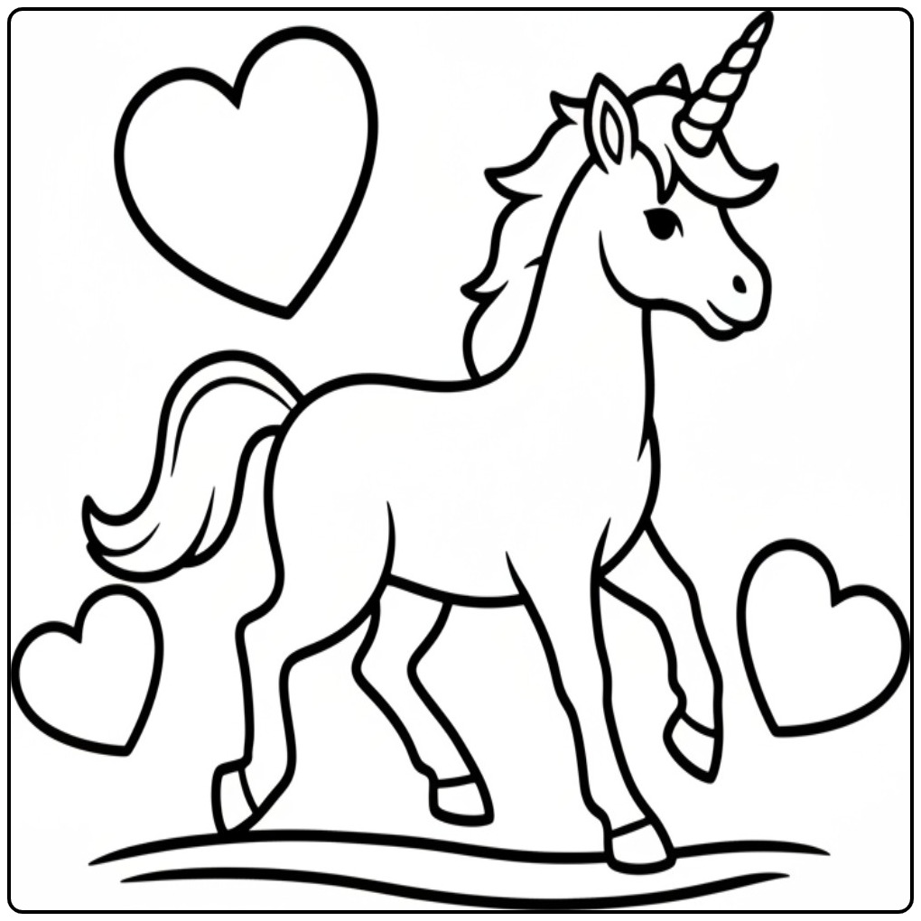 Kleurplaat unicorn hartjes printen en inkleuren maar!
