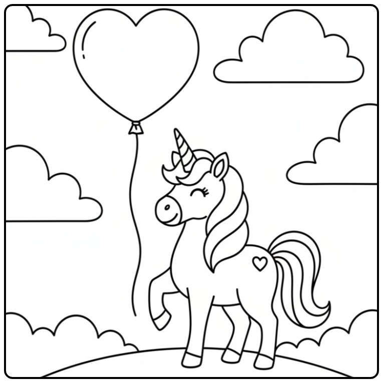 Kleurplaat unicorn hartjes met ballon, zo lief!