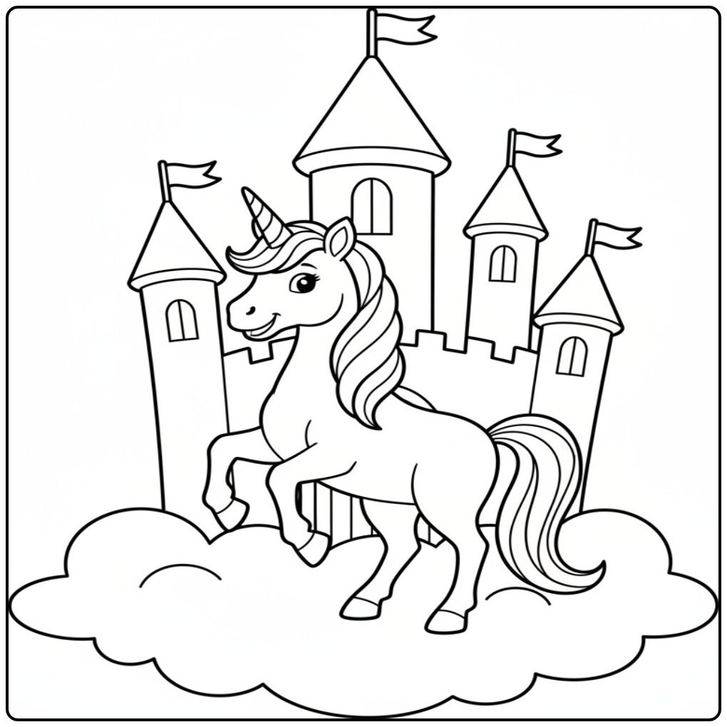 Kleurplaat unicorn kasteel op de wolken voor de fantasie.
